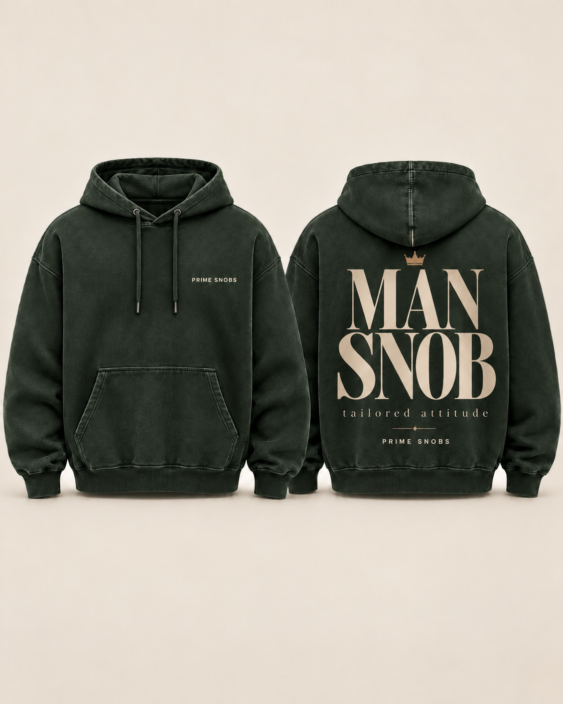 Front and back conceptual mockup of Prime Snobs Man Snob hoodie