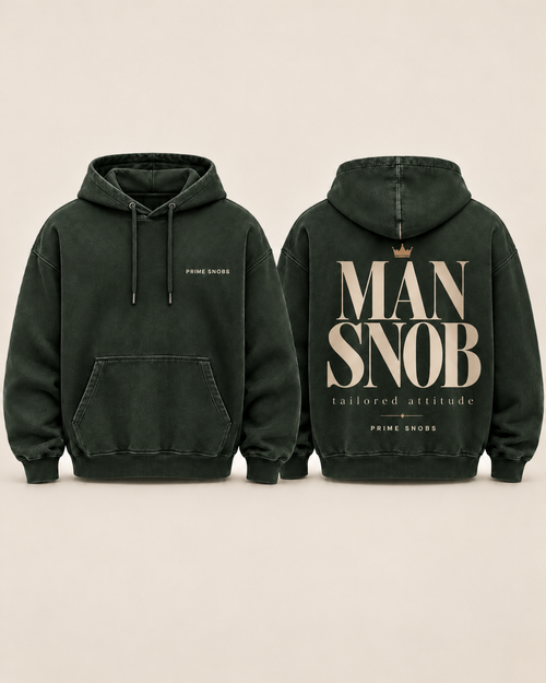Front and back conceptual mockup of Prime Snobs Man Snob hoodie