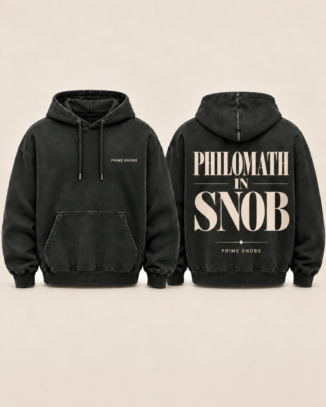 Front and back conceptual mockup of Prime Snobs Philomath in Snob hoodie