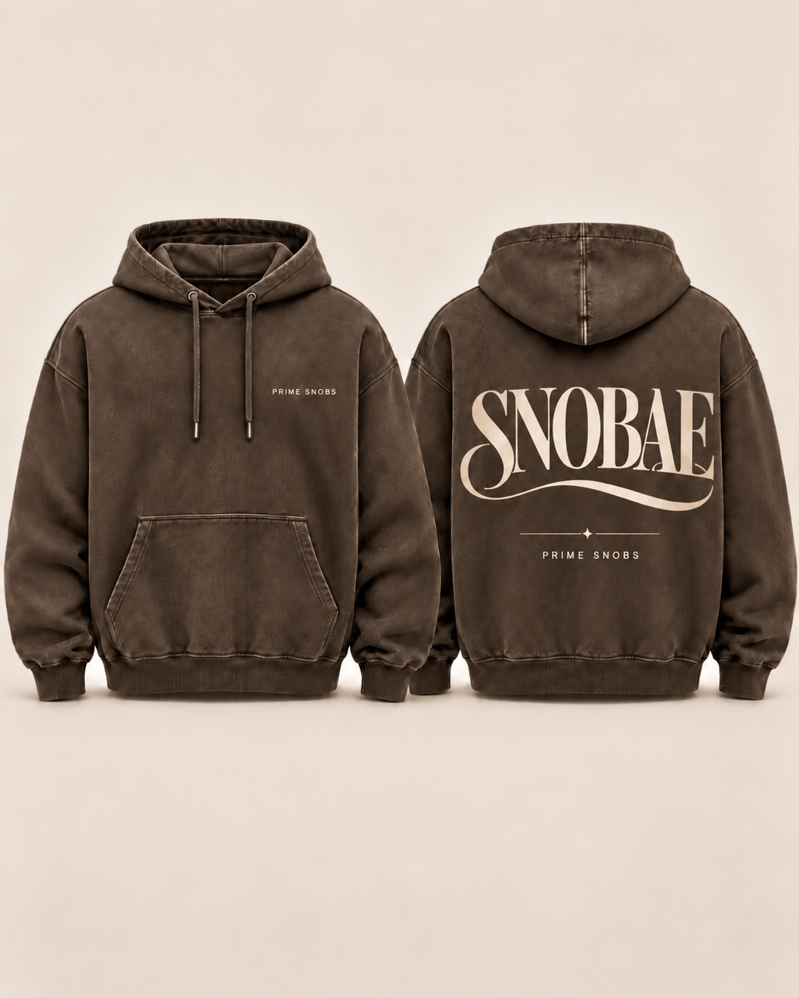 Front and back conceptual mockup of Prime Snobs Snobae hoodie